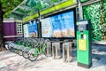 Neat rows of Bicycle at Capital Bikeshare station at inner city of Bangkok.